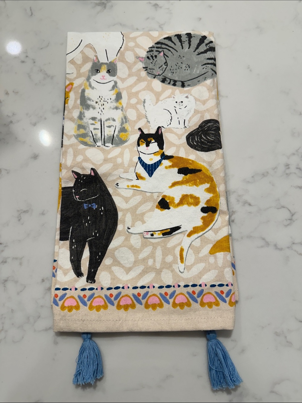 Anthropologie Beige Tea Towel with Multicolor Cat Motif